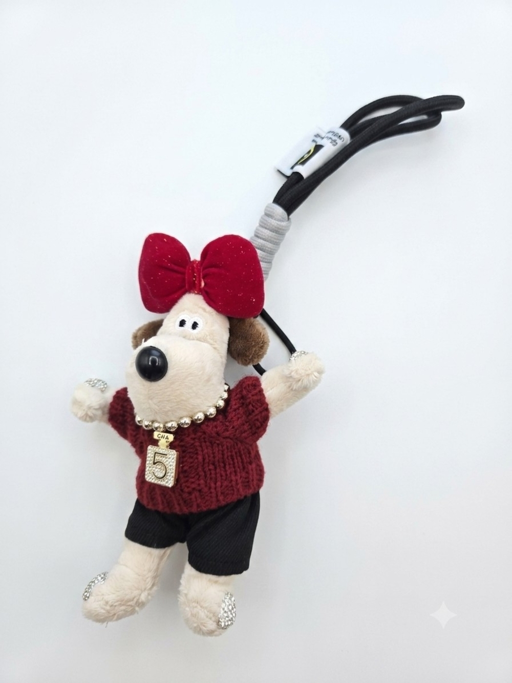 Plush Dog Bag Charm with Red Bow and Sweater